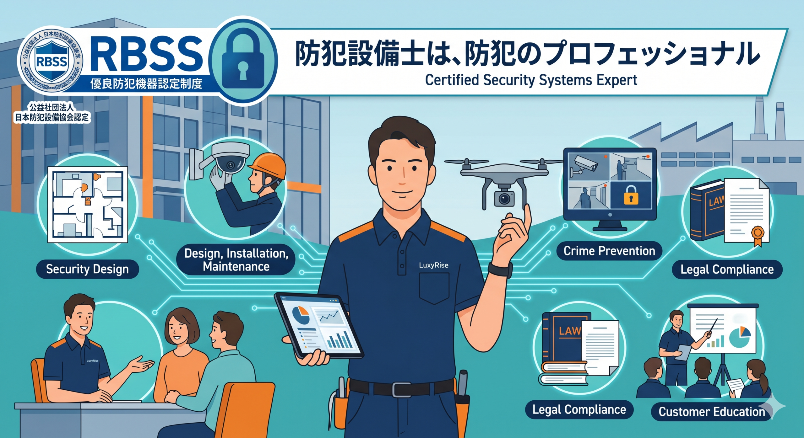 ルクシーライズ合同会社の防犯設備士による高度なセキュリティ設計・施工・RBSS優良防犯機器認定および産業用ドローン点検のイメージ